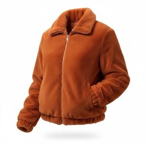 Faux Fur Jacket Medium Brown Cropped Jacket Coat Zip Soft Plush Orange Teddy